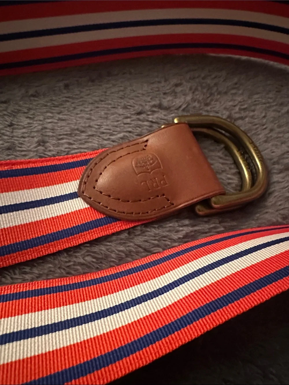 Polo Ralph Lauren Striped Orange, White & Blue Strip Belt with Leather Trim